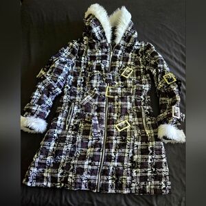 Hell Bunny Black Winter Jacket Velvet Hood Faux Fur White Buckle Zipper Plaid